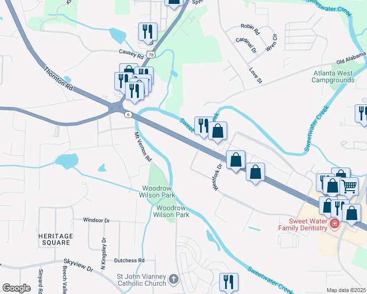 map of restaurants, bars, coffee shops, grocery stores, and more near 211 Thornton Road in Lithia Springs