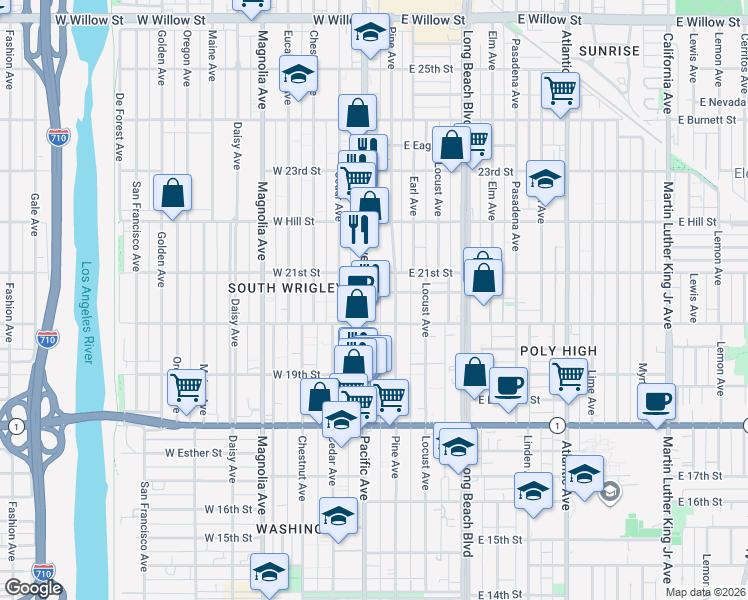 map of restaurants, bars, coffee shops, grocery stores, and more near in Long Beach