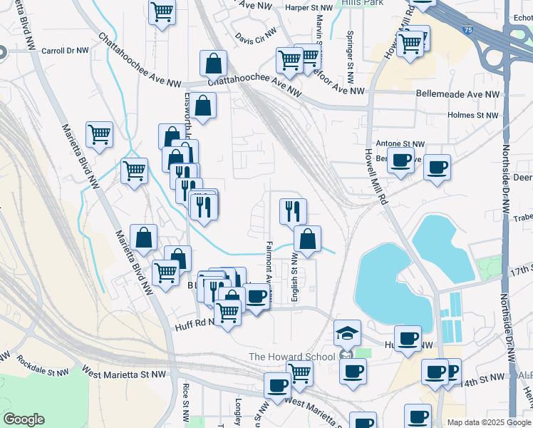 map of restaurants, bars, coffee shops, grocery stores, and more near 1458 Fairmont Avenue Northwest in Atlanta