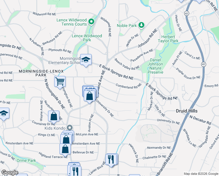 map of restaurants, bars, coffee shops, grocery stores, and more near 1153 Cumberland Road Northeast in Atlanta