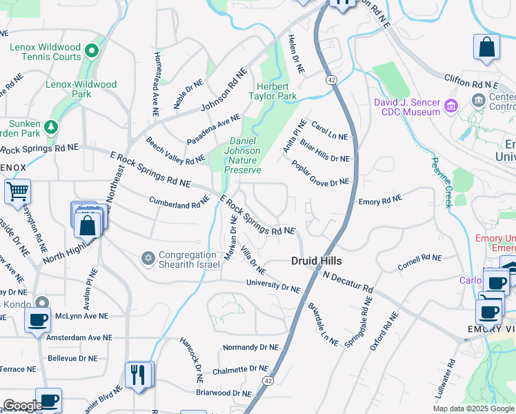 map of restaurants, bars, coffee shops, grocery stores, and more near 650 Kimberly Lane Northeast in Atlanta