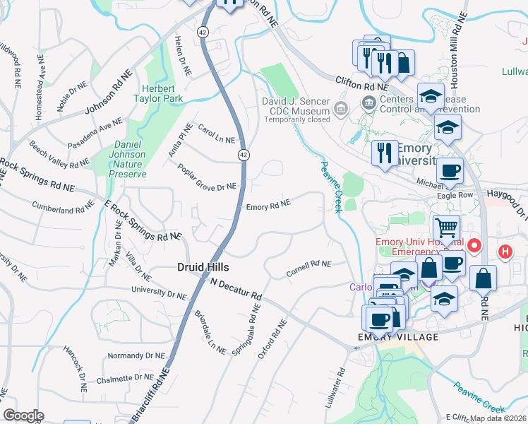 map of restaurants, bars, coffee shops, grocery stores, and more near 1347 Emory Road Northeast in Atlanta
