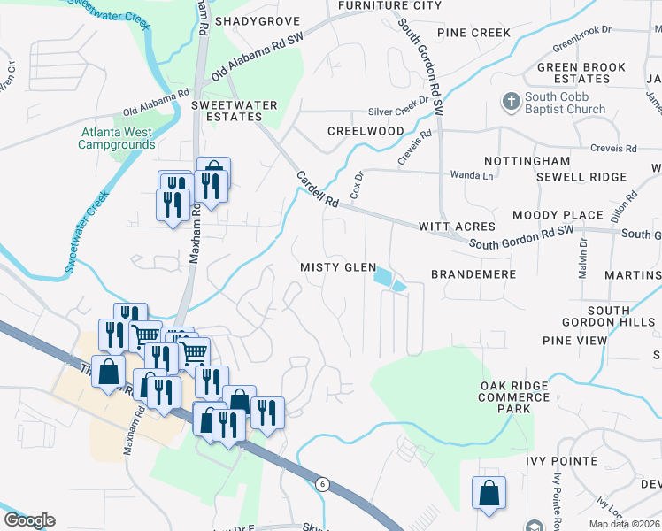 map of restaurants, bars, coffee shops, grocery stores, and more near 6584 Coventry Point in Austell