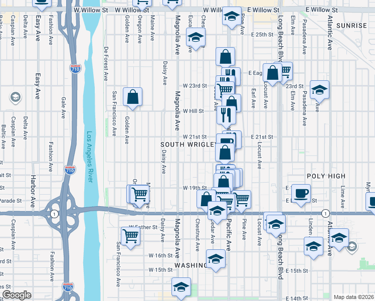 map of restaurants, bars, coffee shops, grocery stores, and more near 2080 Eucalyptus Avenue in Long Beach