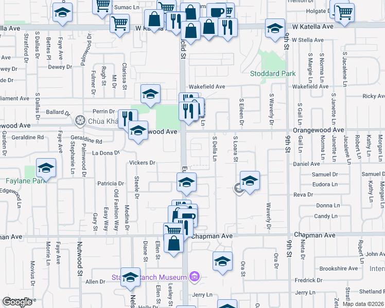 map of restaurants, bars, coffee shops, grocery stores, and more near 1682 West Cindy Lane in Anaheim