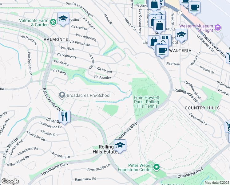 map of restaurants, bars, coffee shops, grocery stores, and more near 4515 Sugarhill Drive in Rolling Hills Estates