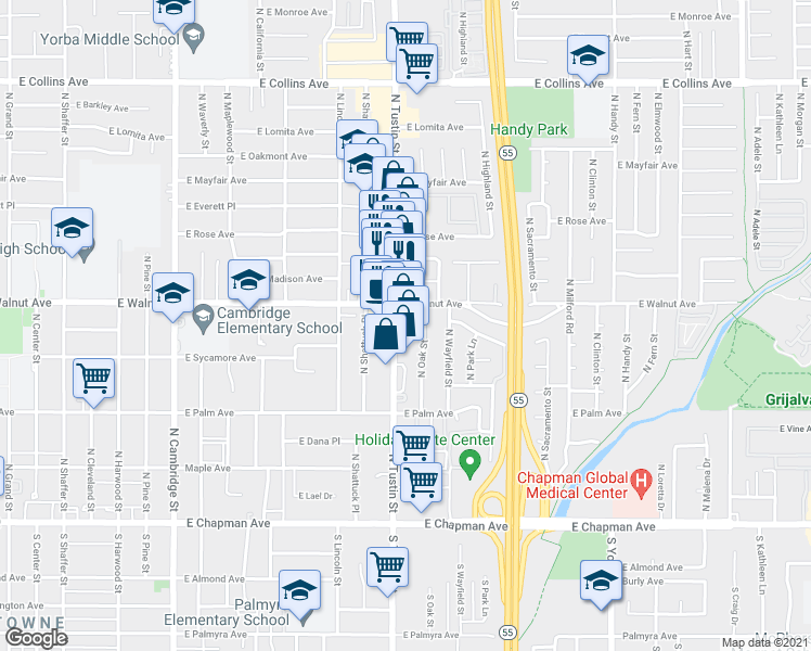 map of restaurants, bars, coffee shops, grocery stores, and more near 491 North Tustin Street in Orange
