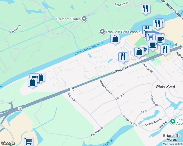map of restaurants, bars, coffee shops, grocery stores, and more near 42 Old Bridge Road in Myrtle Beach