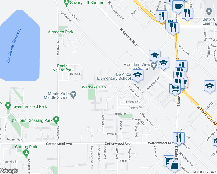 map of restaurants, bars, coffee shops, grocery stores, and more near 1158 Milwaukee Park in San Jacinto