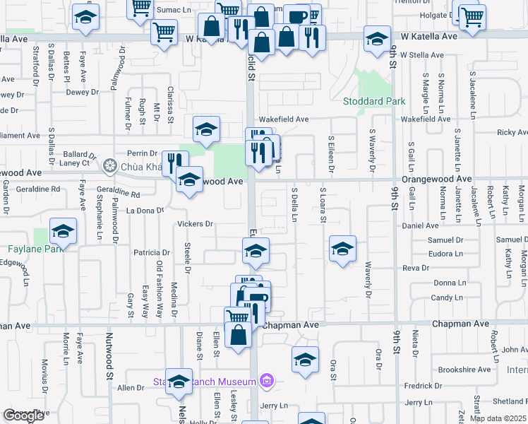 map of restaurants, bars, coffee shops, grocery stores, and more near 1682 West Cindy Lane in Anaheim