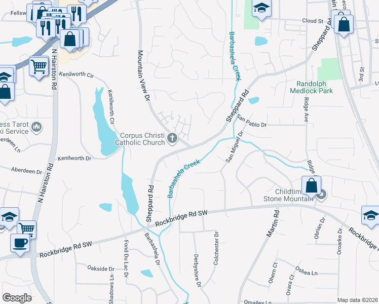 map of restaurants, bars, coffee shops, grocery stores, and more near 595 Sheppard Road in Stone Mountain