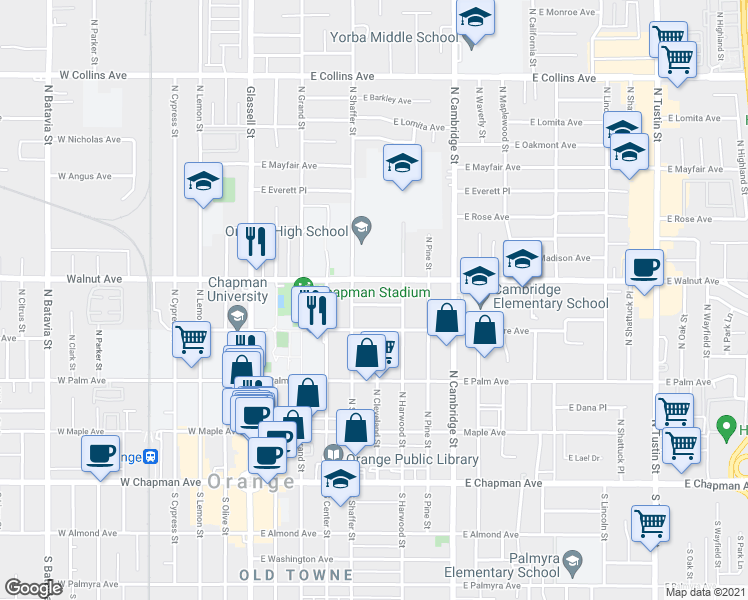 map of restaurants, bars, coffee shops, grocery stores, and more near 547 East Jefferson Avenue in Orange