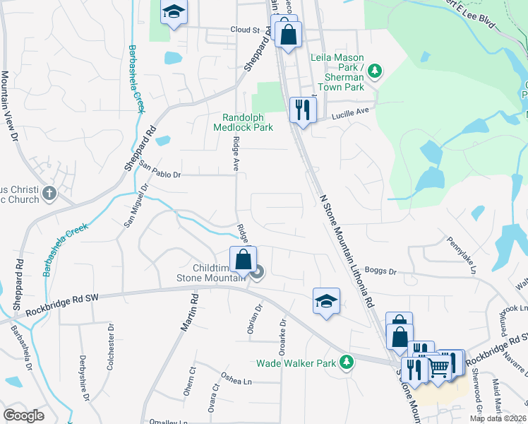 map of restaurants, bars, coffee shops, grocery stores, and more near 5274 Ridge Forest Drive in Stone Mountain