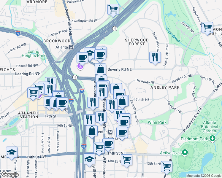 map of restaurants, bars, coffee shops, grocery stores, and more near 1447 Peachtree Street Northeast in Atlanta