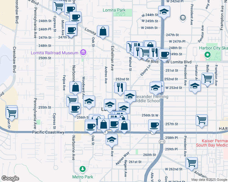 map of restaurants, bars, coffee shops, grocery stores, and more near 25322 Eshelman Avenue in Lomita