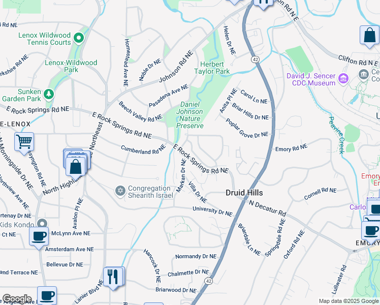 map of restaurants, bars, coffee shops, grocery stores, and more near 650 Kimberly Lane Northeast in Atlanta
