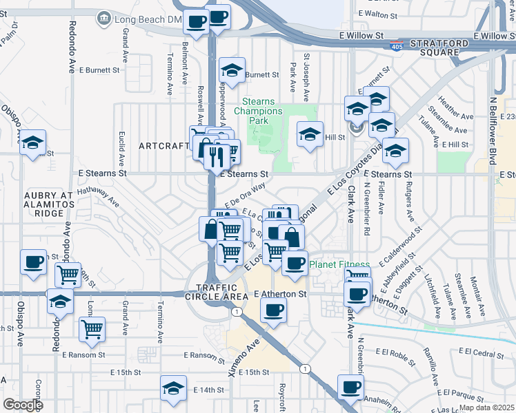 map of restaurants, bars, coffee shops, grocery stores, and more near 4428 East Lavante Street in Long Beach