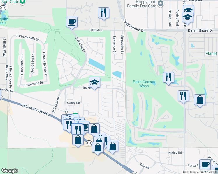 map of restaurants, bars, coffee shops, grocery stores, and more near 6288 East Driver Road in Palm Springs