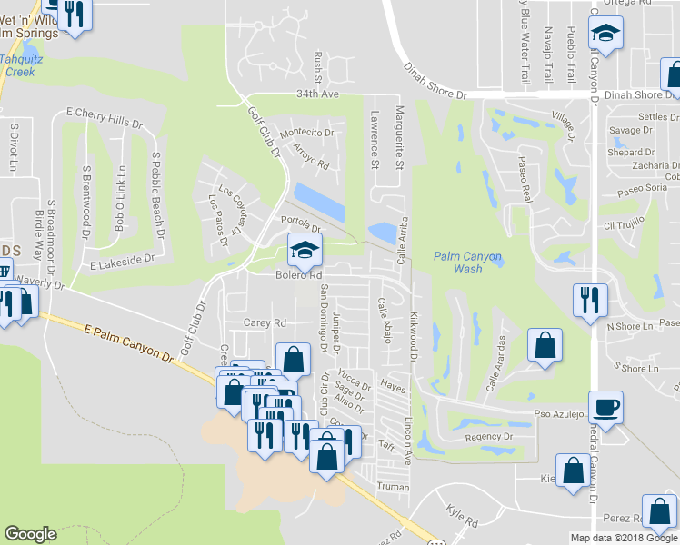 map of restaurants, bars, coffee shops, grocery stores, and more near 6159 East Driver Road in Palm Springs