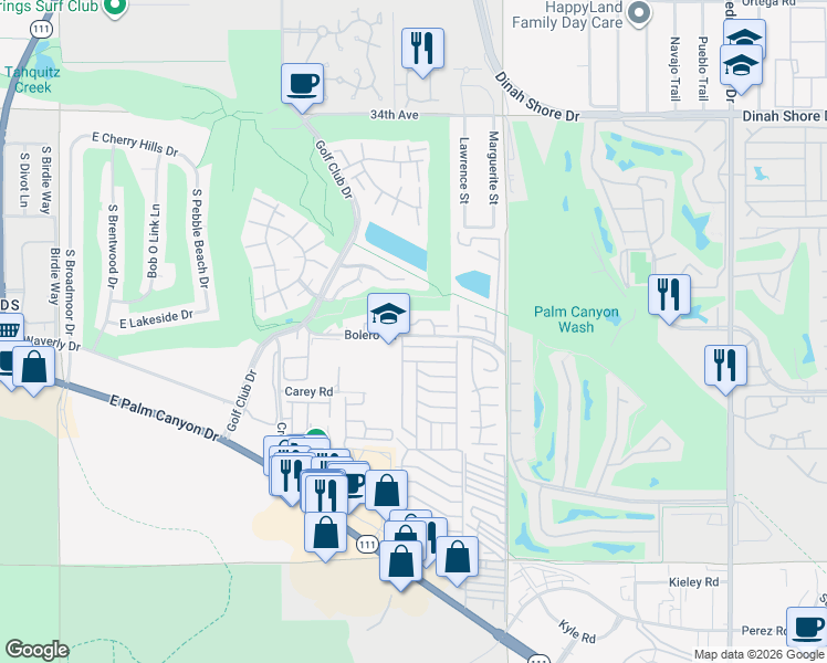 map of restaurants, bars, coffee shops, grocery stores, and more near 6155 East Driver Road in Palm Springs