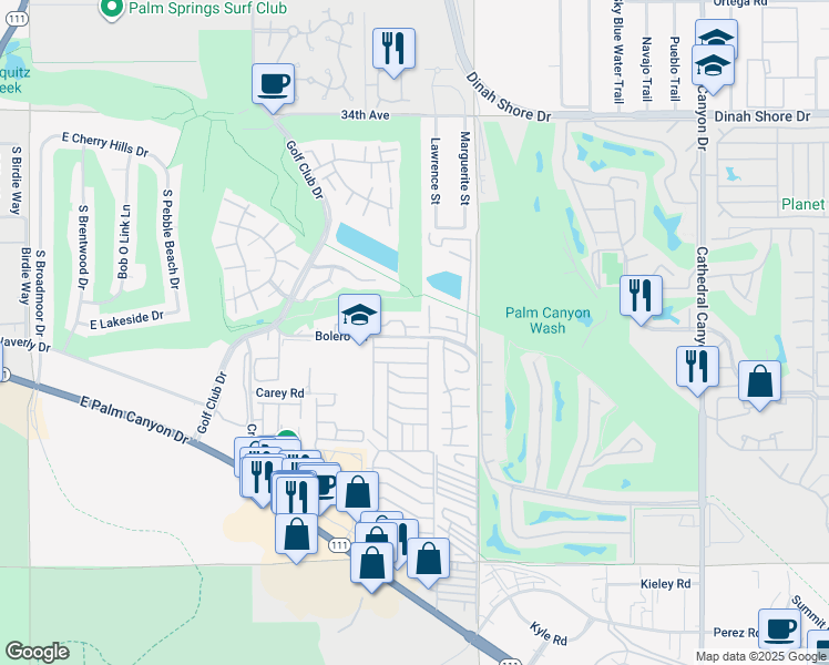 map of restaurants, bars, coffee shops, grocery stores, and more near 6263 East Driver Road in Palm Springs