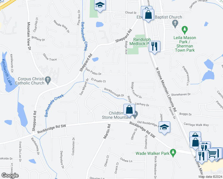 map of restaurants, bars, coffee shops, grocery stores, and more near 730 Rockborough Drive in Stone Mountain