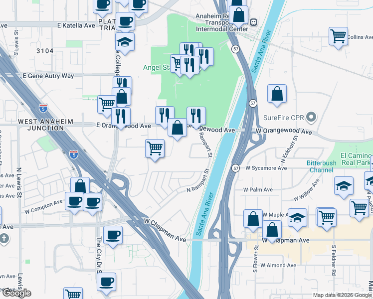 map of restaurants, bars, coffee shops, grocery stores, and more near 2150 South Towne Centre Place in Anaheim