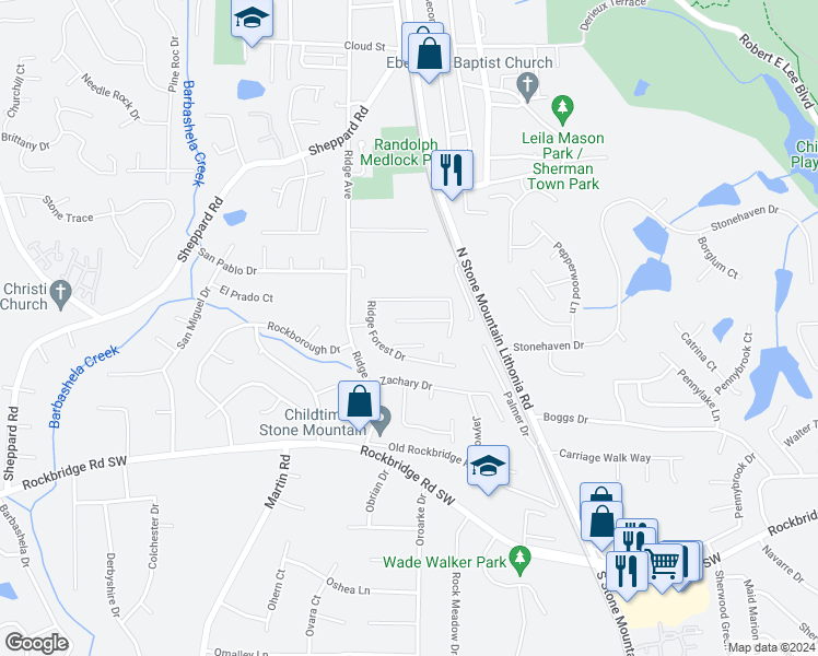map of restaurants, bars, coffee shops, grocery stores, and more near 5355 Ridgemere Court in Stone Mountain