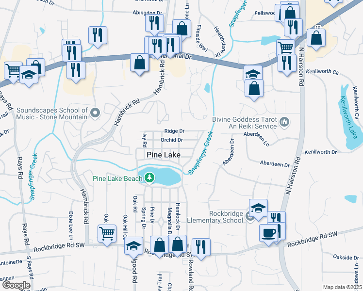 map of restaurants, bars, coffee shops, grocery stores, and more near 633 Iris Road in Pine Lake