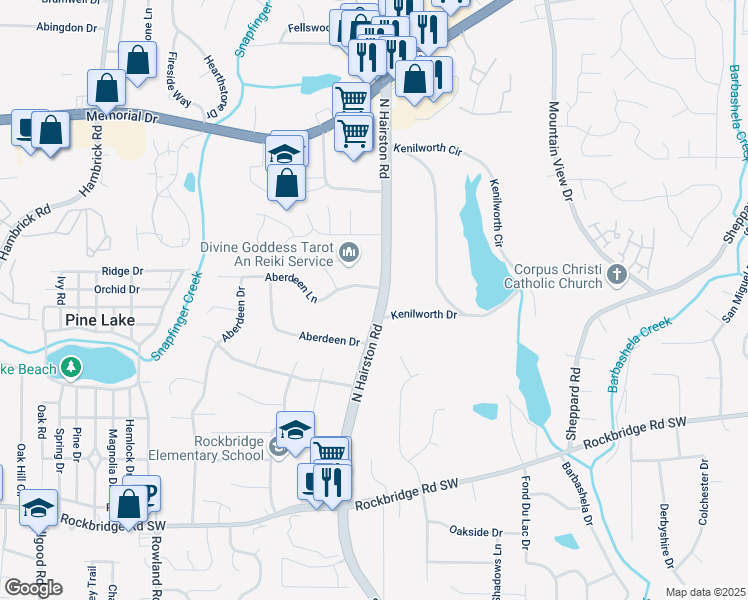 map of restaurants, bars, coffee shops, grocery stores, and more near 618 North Hairston Road in Stone Mountain