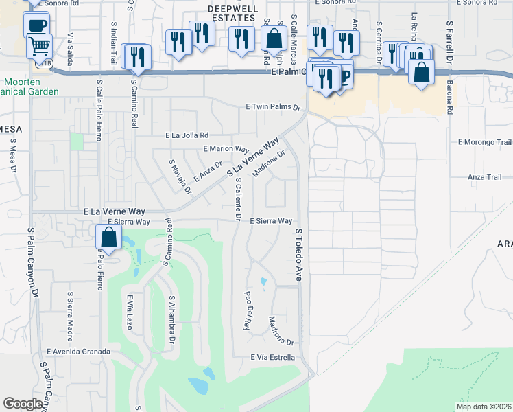 map of restaurants, bars, coffee shops, grocery stores, and more near 2082 Madrona Drive in Palm Springs