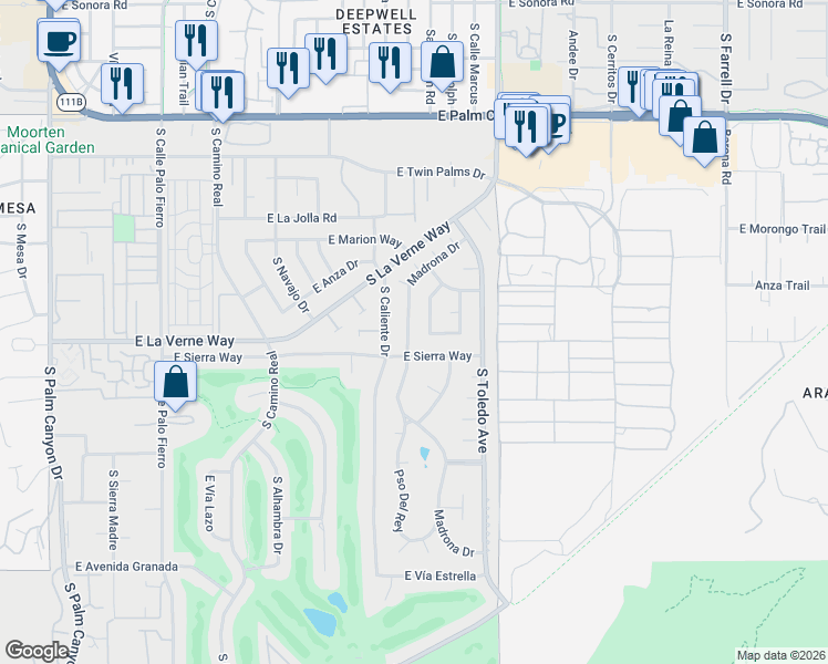 map of restaurants, bars, coffee shops, grocery stores, and more near 2082 Madrona Drive in Palm Springs