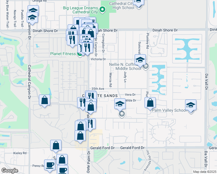 map of restaurants, bars, coffee shops, grocery stores, and more near 34894 Corregidor Drive in Cathedral City