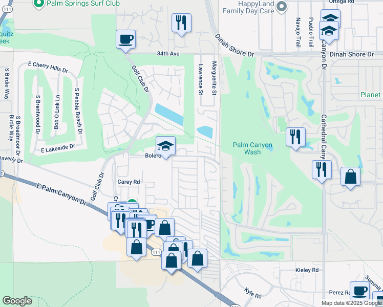 map of restaurants, bars, coffee shops, grocery stores, and more near 6288 East Driver Road in Palm Springs