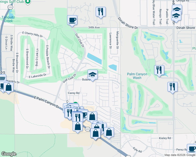 map of restaurants, bars, coffee shops, grocery stores, and more near 6100 East Driver Road in Palm Springs