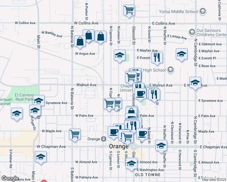 map of restaurants, bars, coffee shops, grocery stores, and more near 416 West Walnut Avenue in Orange