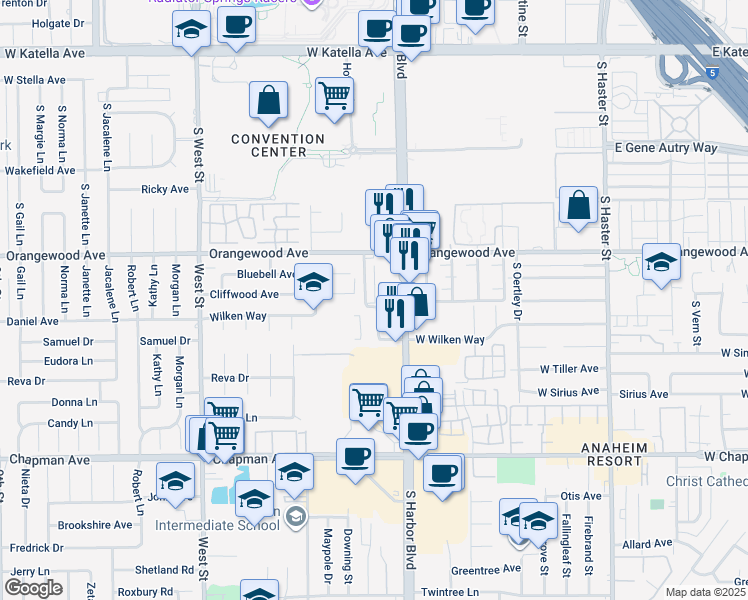 map of restaurants, bars, coffee shops, grocery stores, and more near 2130 West Wilken Way in Anaheim