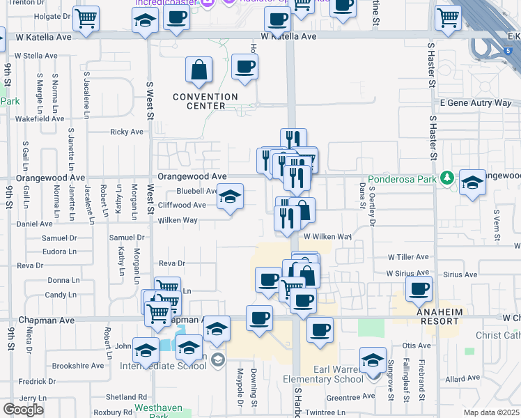 map of restaurants, bars, coffee shops, grocery stores, and more near 2130 West Wilken Way in Anaheim