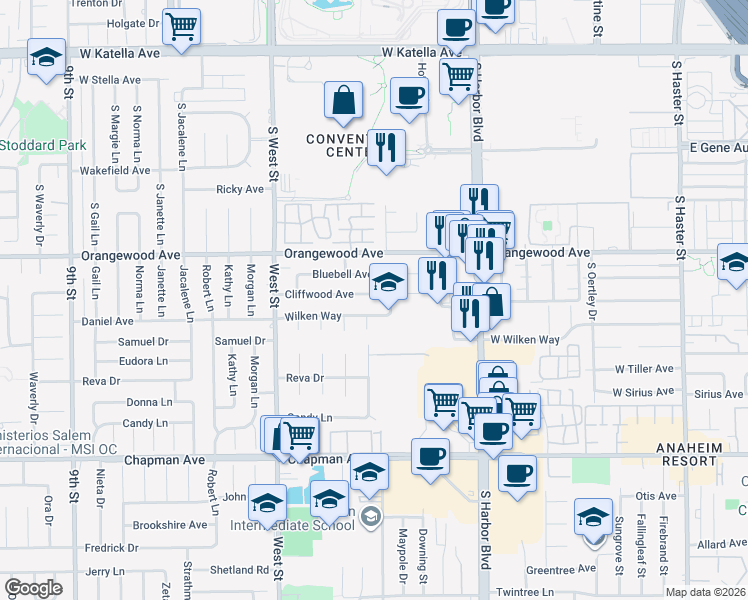 map of restaurants, bars, coffee shops, grocery stores, and more near 12232 Bluebell Avenue in Garden Grove