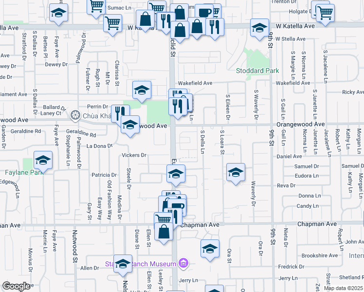 map of restaurants, bars, coffee shops, grocery stores, and more near 2111 South Cindy Place in Anaheim