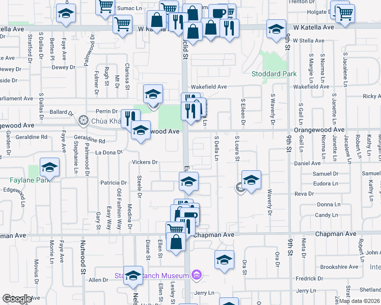 map of restaurants, bars, coffee shops, grocery stores, and more near 2111 South Cindy Place in Anaheim