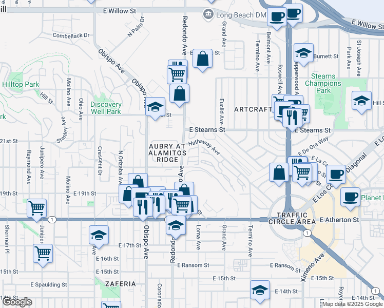 map of restaurants, bars, coffee shops, grocery stores, and more near 3414 Duchess Lane in Long Beach