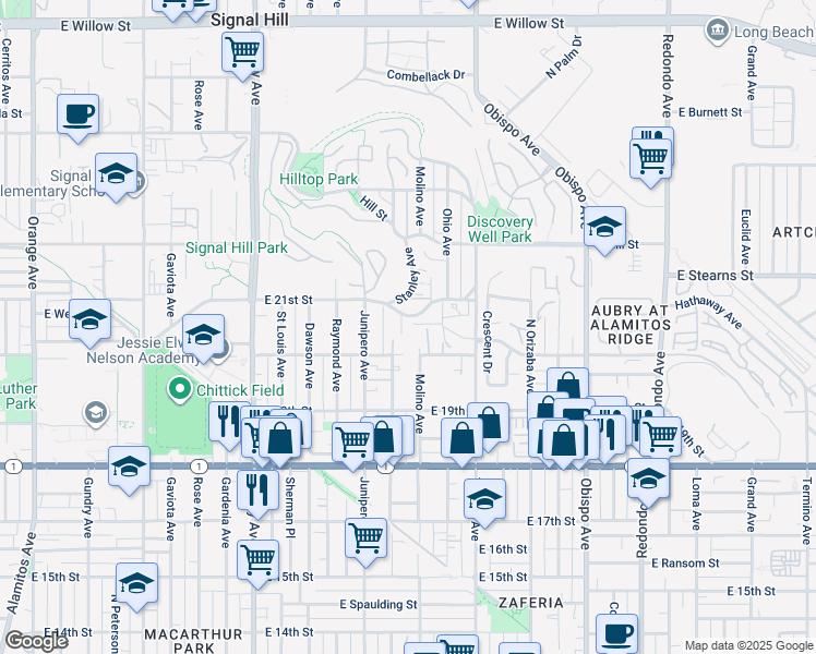 map of restaurants, bars, coffee shops, grocery stores, and more near 2503 East 21st Street in Signal Hill