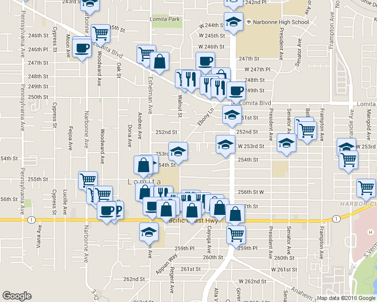 map of restaurants, bars, coffee shops, grocery stores, and more near 1844 West 253rd Street in Lomita