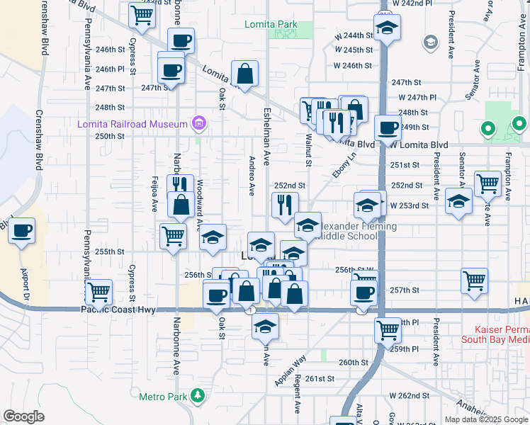 map of restaurants, bars, coffee shops, grocery stores, and more near 1952 West 253rd Street in Lomita