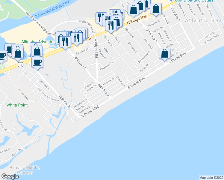 map of restaurants, bars, coffee shops, grocery stores, and more near 4516 Woodland Street in North Myrtle Beach