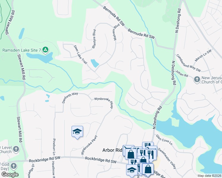 map of restaurants, bars, coffee shops, grocery stores, and more near 6914 Wynmeadow Drive in Stone Mountain
