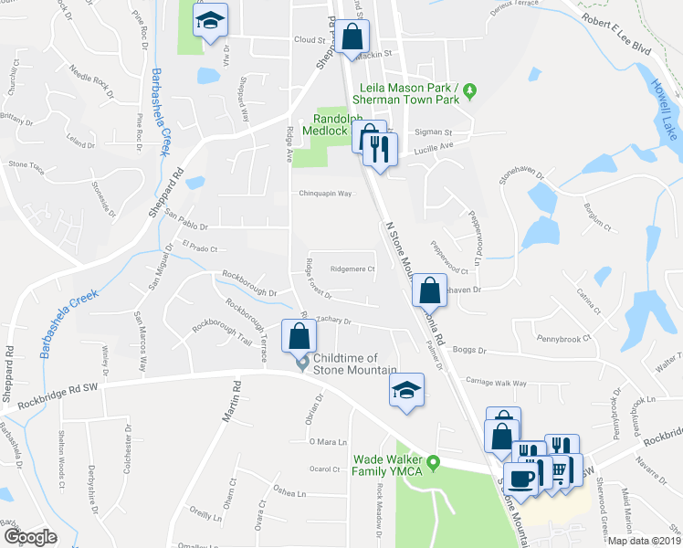 map of restaurants, bars, coffee shops, grocery stores, and more near 5355 Ridgemere Court in Stone Mountain