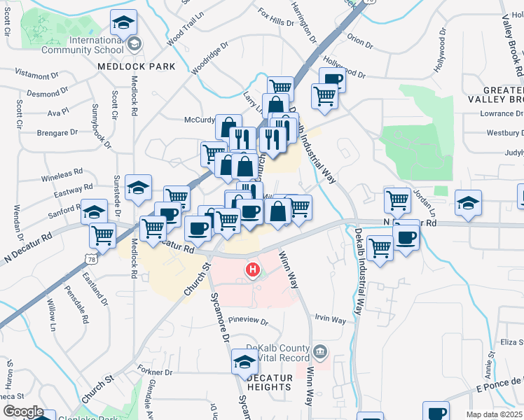map of restaurants, bars, coffee shops, grocery stores, and more near 2600 Milscott Drive in Decatur