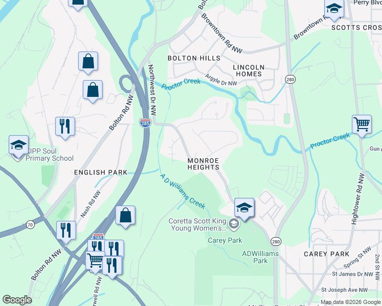 map of restaurants, bars, coffee shops, grocery stores, and more near 1456 Northwest Drive Northwest in Atlanta